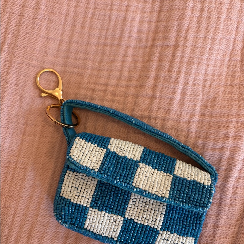 Anthropologie Hand-Beaded Checker Pouch- Blue & White